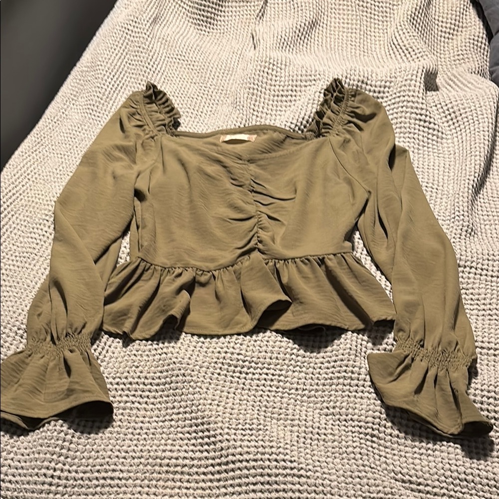 Altar'd State Green Puff Sleeve Crop Blouse with Ruffles